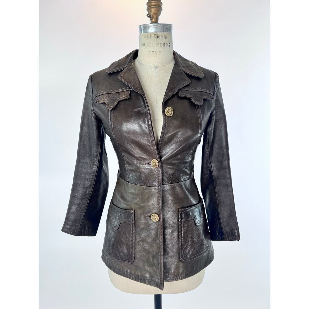 VTG 70s Western Leather Blazer Brown Fitted Jacket Gold Buttons Cowgirl Core S/M